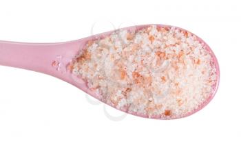 top view of ceramic spoon with pink Himalayan Salt close up isolated on white background