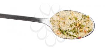 top view of steel spoon with seasoned salt with dried vegetables and flavours close up isolated on white background