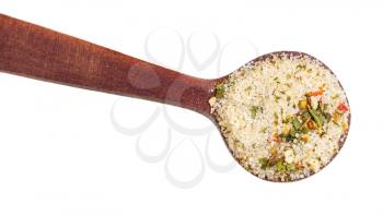 top view of wooden salt spoon with seasoned salt with dried vegetables and flavours close up isolated on white background