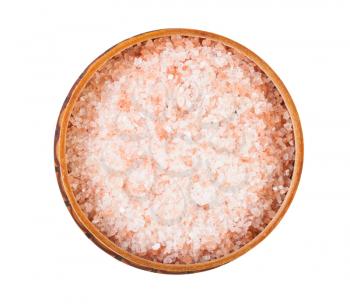 top view of wooden salt cellar with pink Himalayan Salt isolated on white background