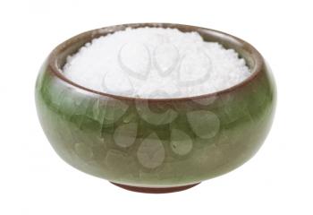 side view of ceramic salt cellar with grained Rock Salt isolated on white background
