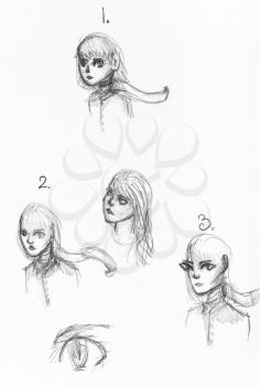 sketches of various heads of girls with large eyes hand-drawn by black pencil on white paper