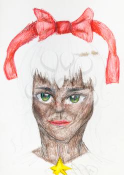 portrait of catwoman with a red bow in white hair hand-drawn by pencils on white papery colour pencils on white paper
