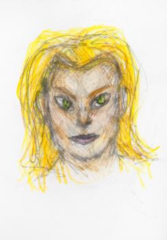portrait of catwoman with yellow hair hand-drawn by pencils on white papery colour pencils on white paper