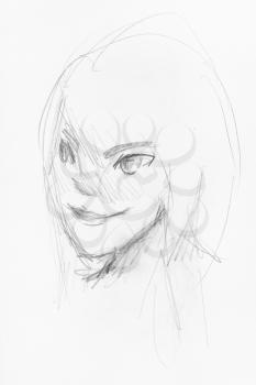 sketch of girl's head with smiling face in anime style hand-drawn by black pencil on white paper