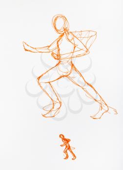 schematic sketch of the movement of a running human figure hand-drawn by orange felt pen on white paper