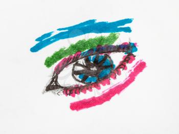 multicoloured human eye close up hand-drawn by felt pens on white paper