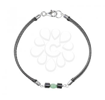 top view of hand crafted bracelet from leather lace and green jade and black hematite beads isolated on white background