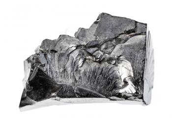 closeup of sample of natural mineral from geological collection - unpolished Shungite rock isolated on white background