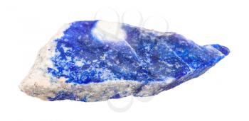 closeup of sample of natural mineral from geological collection - slab of raw Lapis lazuli (Lazurite) rock isolated on white background