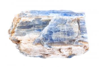 closeup of sample of natural mineral from geological collection - rough Kyanite stone isolated on white background