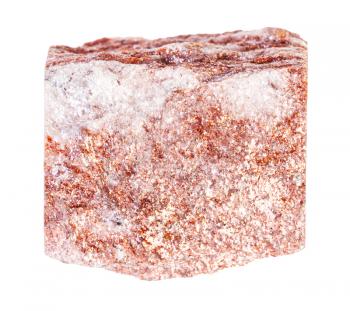 closeup of sample of natural mineral from geological collection - raw red Aventurine rock isolated on white background