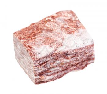 closeup of sample of natural mineral from geological collection - rough red Aventurine rock isolated on white background