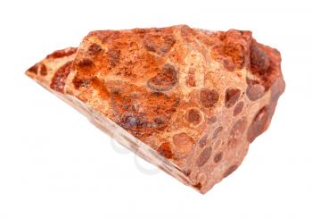 closeup of sample of natural mineral from geological collection - piece of Bauxite (aluminium ore) rock isolated on white background