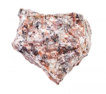 closeup of sample of natural mineral from geological collection - raw red Granite rock isolated on white background