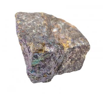 closeup of sample of natural mineral from geological collection - Bornite with Chalcopyrite rock isolated on white background