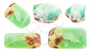 set of various Chrysoprase gemstones isolated on white background
