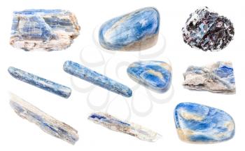 set of various Kyanite gemstones isolated on white background