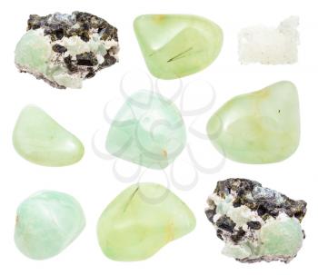 set of various Prehnite gemstones isolated on white background