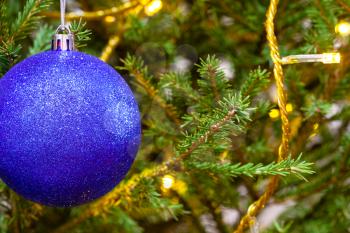 blue ball and light string on natural christmas tree close-up indoor