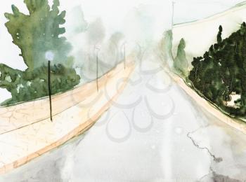 front view of wet road on rainy spring day in Ajloun city in Jordan hand-drawn by watercolours on white paper