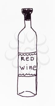 sketch of empty bottle of red wine hand-drawn by black ink on white paper