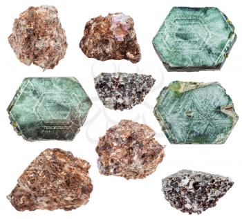 collage from various Phlogopite (magnesium mica) natural mineral stones and samples of rock isolated on white background