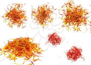 Red and yellow stigmas of Crocus and pink Saffron close up isolated on white background
