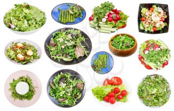 set of various fresh salad from leaf vegetables isolated on white background