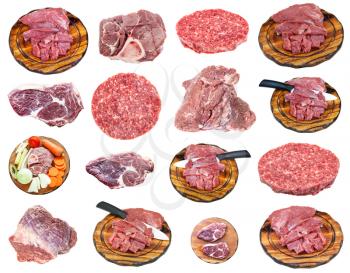 set of various beef meat pieces isolated on white background