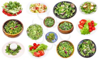 collection of various fresh salad from leaf vegetables isolated on white background