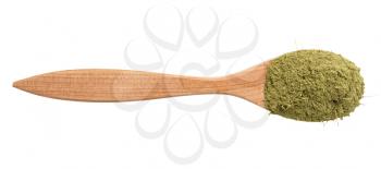 top view of milled stevia rebaudiana herb (natural sugar substitute) in wood spoon isolated on white background