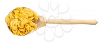 top view of wood spoon with sugar-free corn flakes isolated on white background