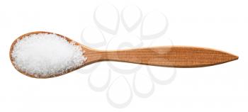 top view of crystalline fructose in wood spoon isolated on white background