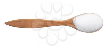 top view of sugar substitute - crystalline extract of stevia plant in wood spoon isolated on white background