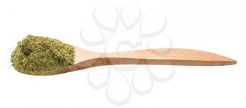 milled stevia rebaudiana herb (natural sugar substitute) in wooden spoon isolated on white background