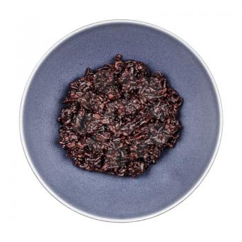 top view of boiled black rice in gray bowl isolated on white background