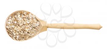 top view of wood spoon with raw four cereal flakes isolated on white background