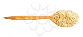 top view of wood spoon with ginger powder isolated on white background