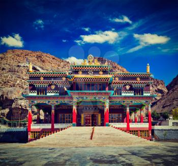 Vintage retro effect filtered hipster style travel image of Buddhist monastery in Kaza. Spiti Valley, Himachal Pradesh, India