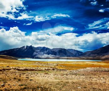 Vintage retro effect filtered hipster style travel image of Himalayan lake Kyagar Tso, Ladakh, India