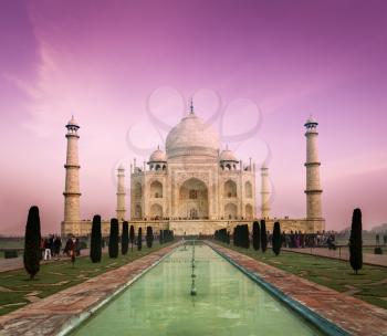 Taj Mahal on sunset, Indian Symbol - India travel background. Agra, Uttar Pradesh, India
