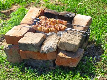 Appetizing  shashlik is preparing on barbecue in rural areas.