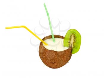 Coconut with a milk- shake and cocktail straws isolated on white background.