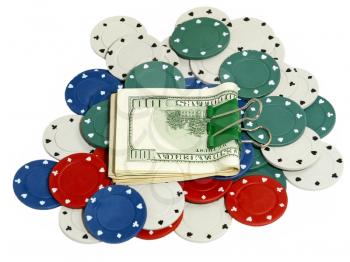 Dollar pack on a casino chips isolated on white background.