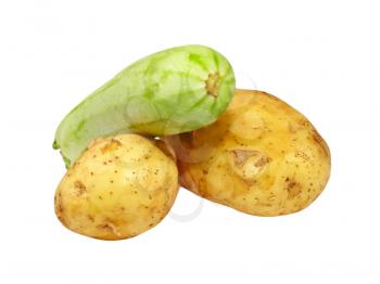 Green vegetable marrow and potatoes isolated on white background.