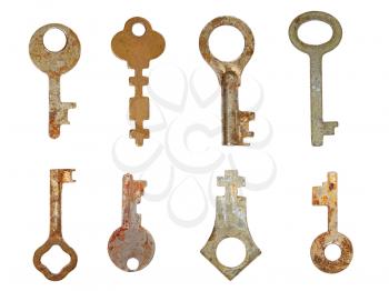 Set old rusty keys isolated on white background.