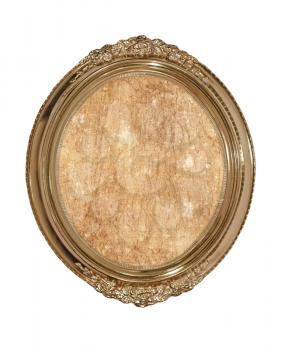 Golden oval photo frame with old brown canvas inside isolated on white background.
