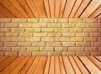 Yellow brick wall and wooden plank floor perspective.Abstract background.
