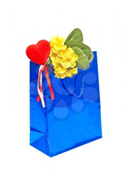 A Valentines Day holiday gift bag with red heart on a white background.Isolated.